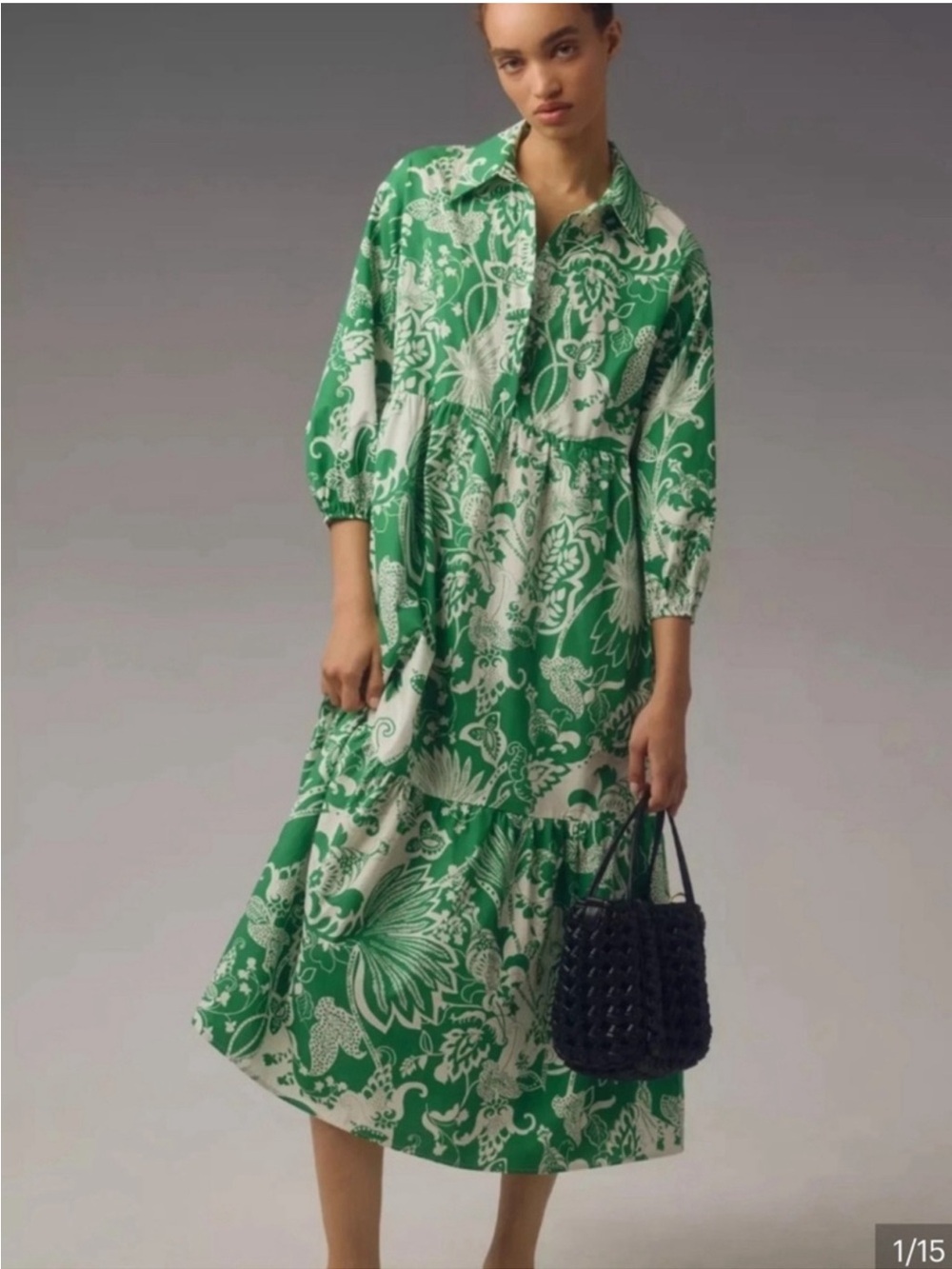 Anthropologie Maeve The Bettina Tiered Shirt Dress Green Floral Maxi Small
